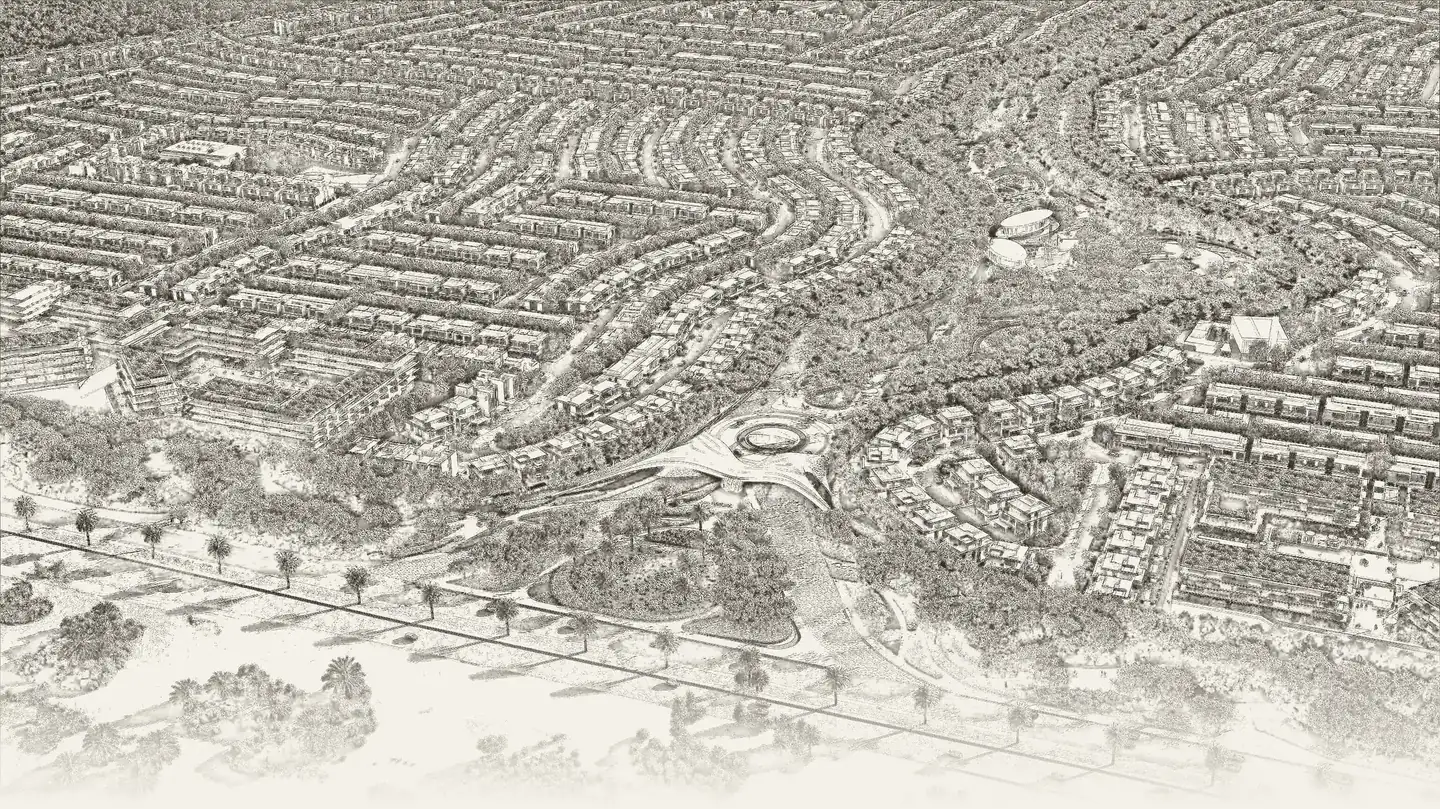 Pencil sketch of Azizi Florence from the air